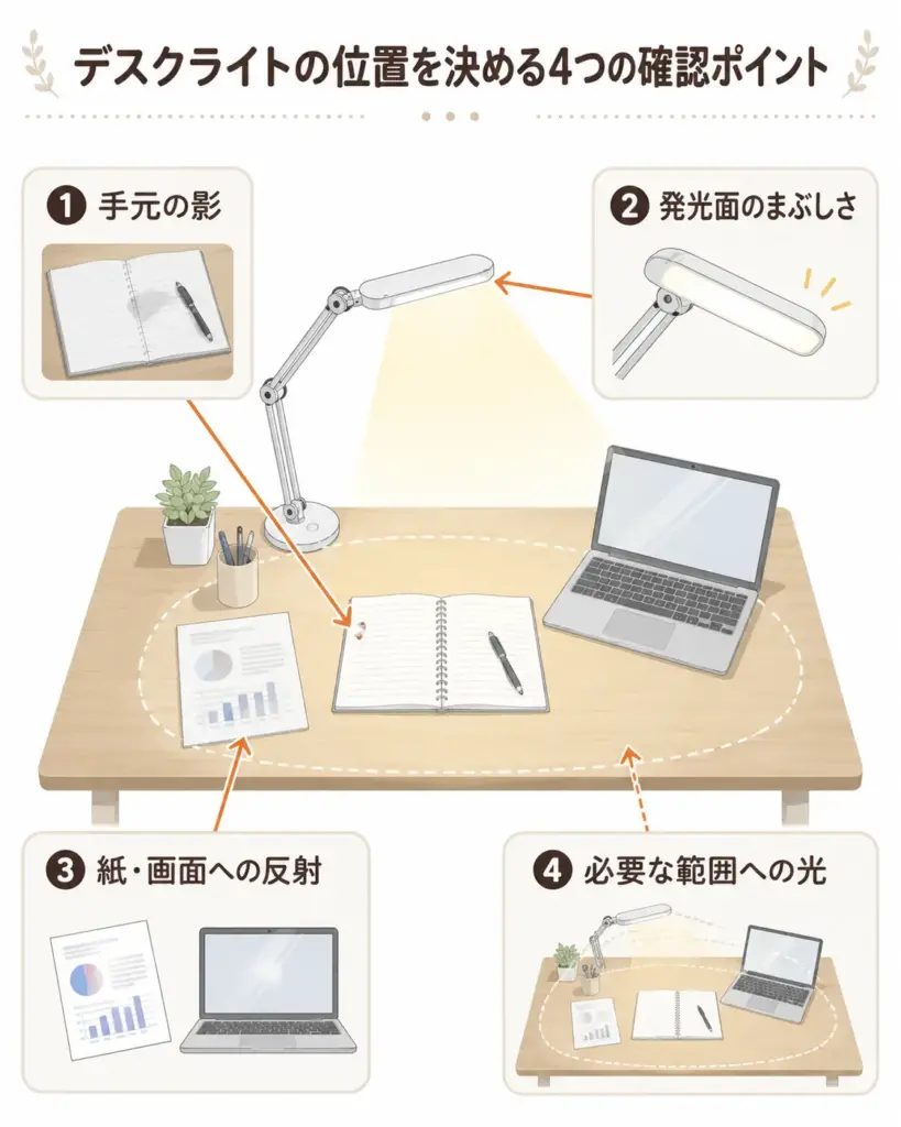 デスクライトの位置を決めるときに確認したい4つのポイントを示した図解