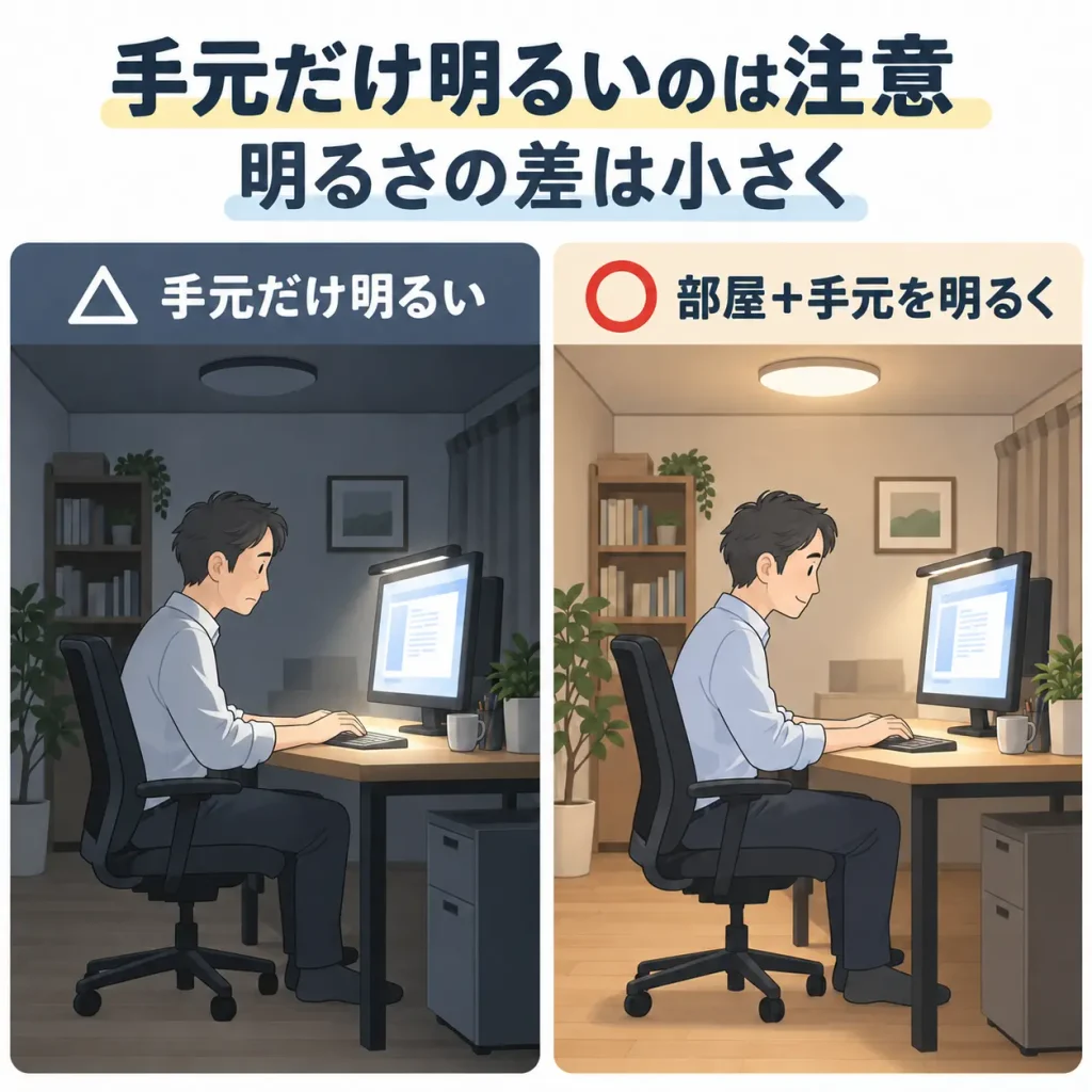 手元だけ明るい環境と、部屋と手元を明るくした環境の比較図