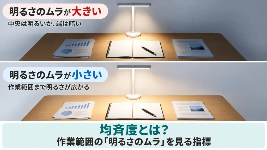デスクライトの均斉度を比較した図。明るさのムラが大きい場合と、作業範囲まで光が広がり明るさのムラが小さい場合を比較