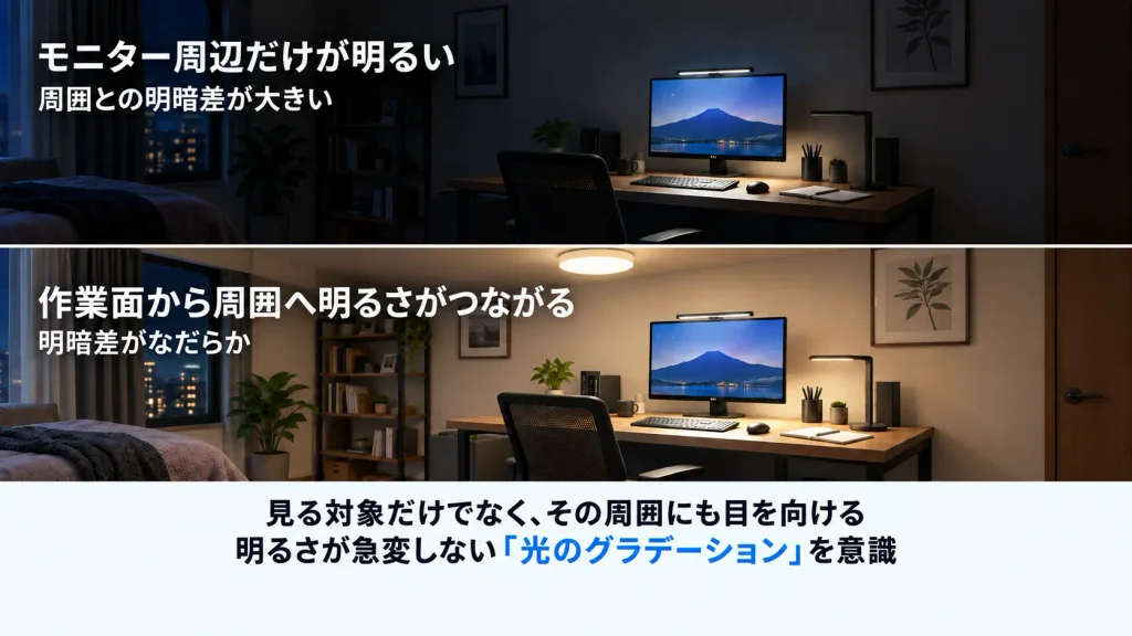 夜間のデスク環境における明暗差の比較。モニター周辺だけを照らした場合と、天井照明とデスクライトで作業面から周囲へ明るさをつなげた場合