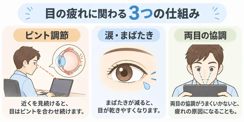 目の疲れに関わるピント調節、涙とまばたき、両目の協調を説明した3つの図解