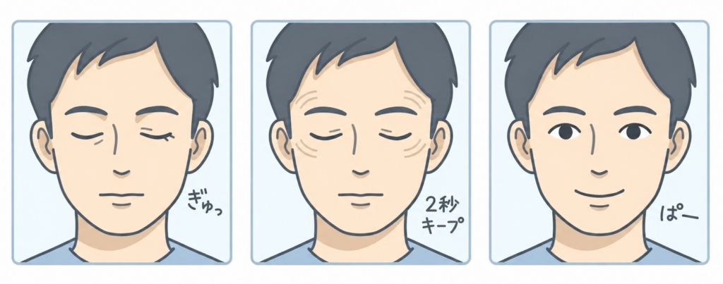 目をぎゅっと閉じて2秒間キープし、開く動きを示したまばたき運動の3コマイラスト